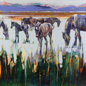 Original acrylic painting of horses grazing in a field at at sunrise by Verne Busby