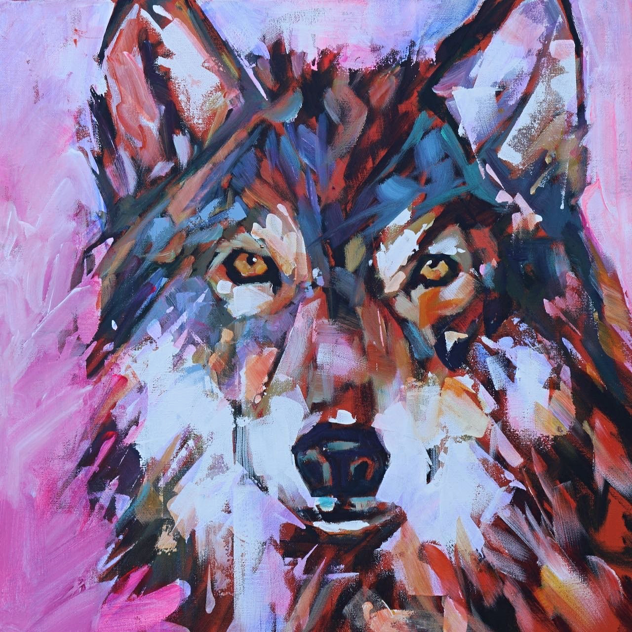 Social Nature, original acrylic wolf painting by Verne Busby at Effusion Art Gallery in Invermere, BC.