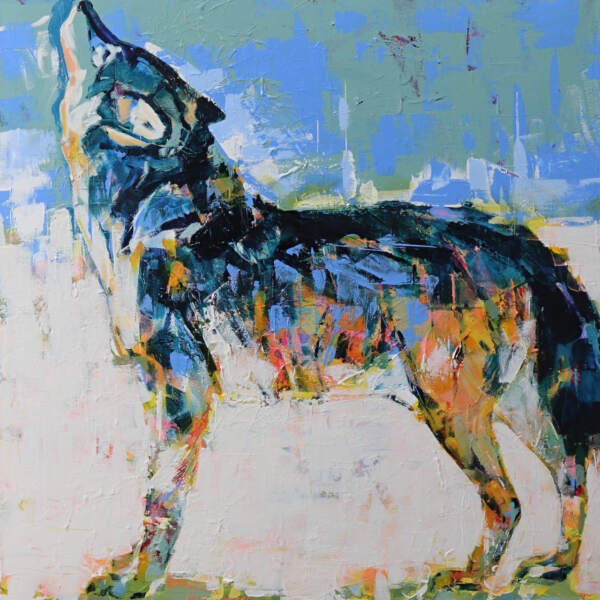 The Alert, original acrylic howling wolf painting by Verne Busby at Effusion Art Gallery in Invermere, BC.