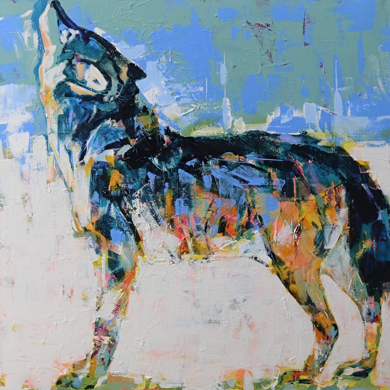 The Alert, original acrylic howling wolf painting by Verne Busby at Effusion Art Gallery in Invermere, BC.