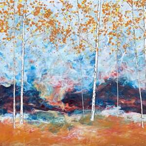 Flow, original encaustic tree painting by Canadian artist Catharine Clarke at Effusion Art Gallery in Invermere, BC