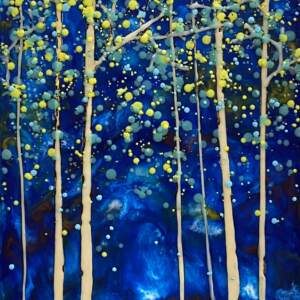 Last Light, original encaustic tree painting by Canadian artist Catharine Clarke at Effusion Art Gallery in Invermere, BC