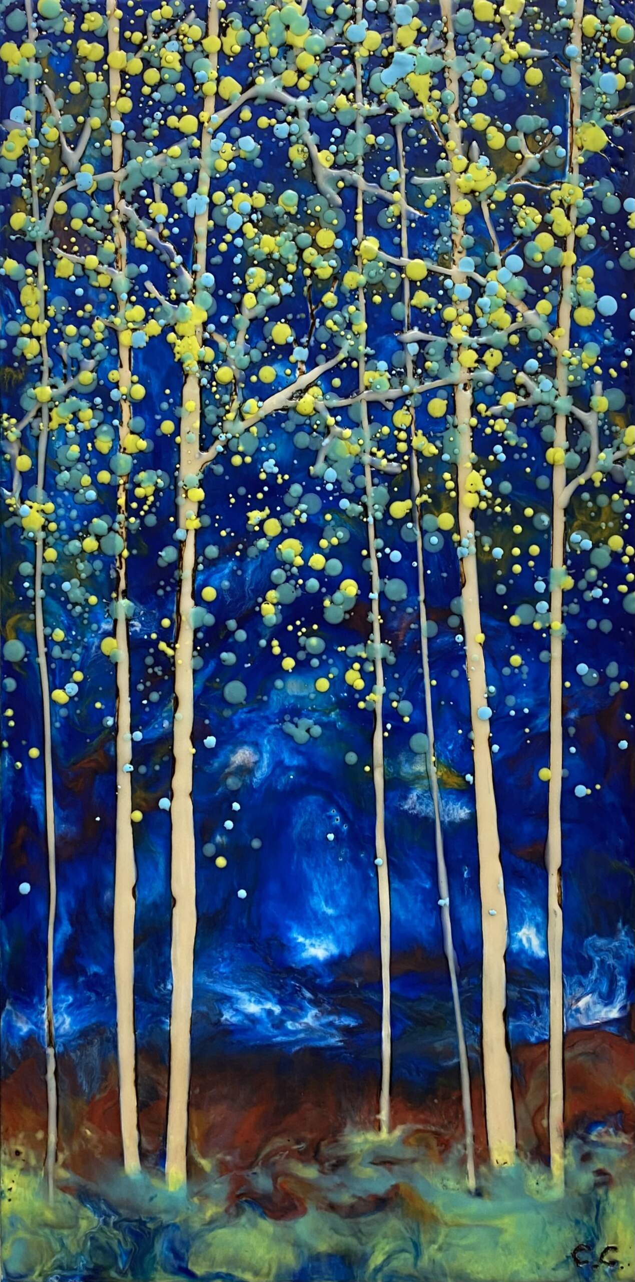 Last Light, original encaustic tree painting by Canadian artist Catharine Clarke at Effusion Art Gallery in Invermere, BC