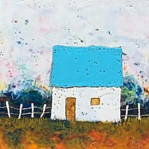 What Did the Brochure Say? Original encaustic house painting by Canadian artist Catharine Clarke at Effusion Art Gallery in Invermere, BC