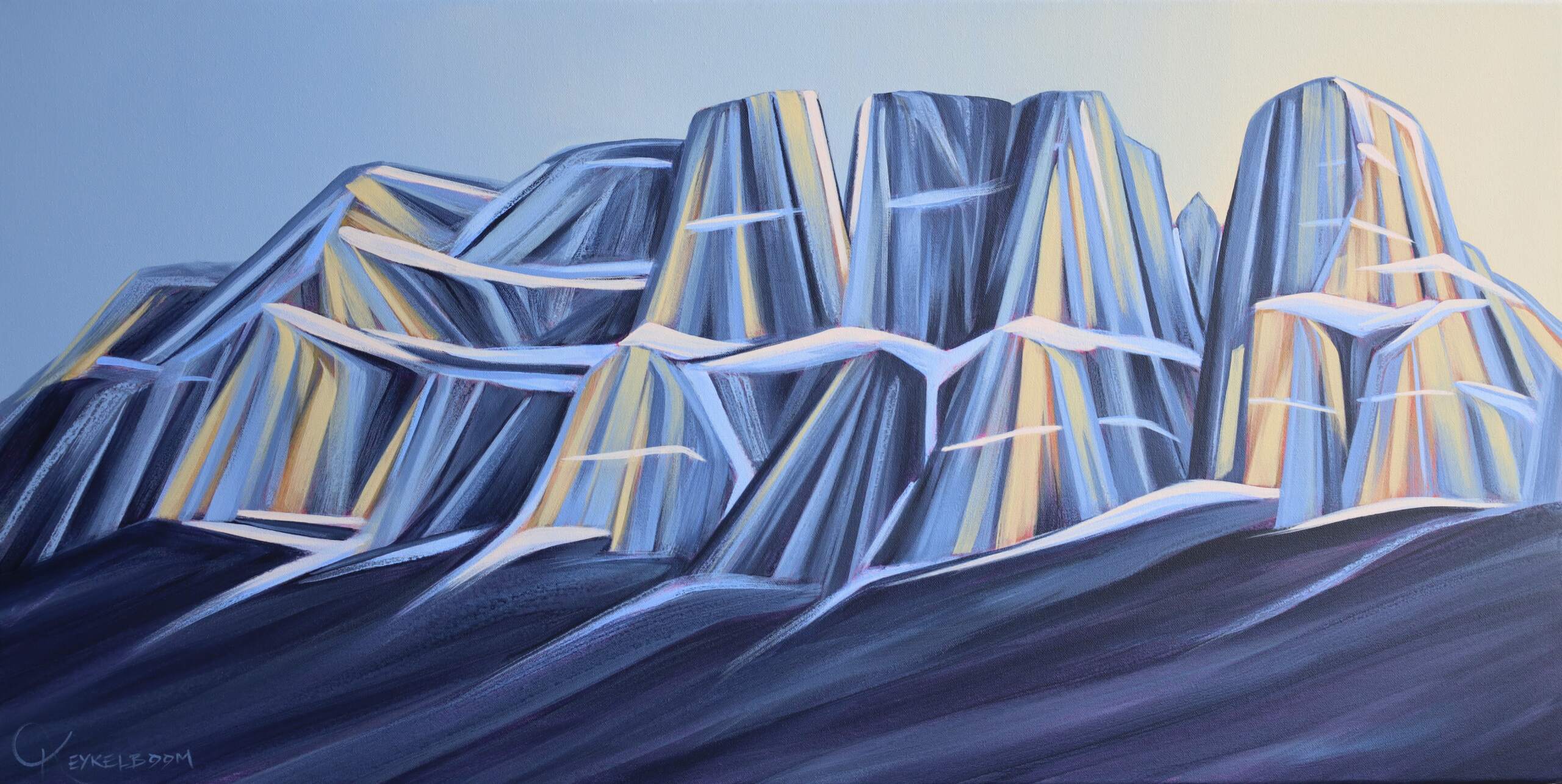 Ethereal Fortress, original acrylic painting of Castle Mountain by Kayla Eykelboom at Effusion Art Gallery in Invermere, BC.