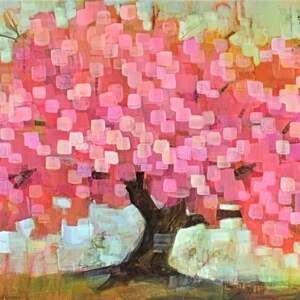 Spring Blossom, original acrylic pink tree painting by Connie Geerts at Effusion Art Gallery in Invermere, BC.