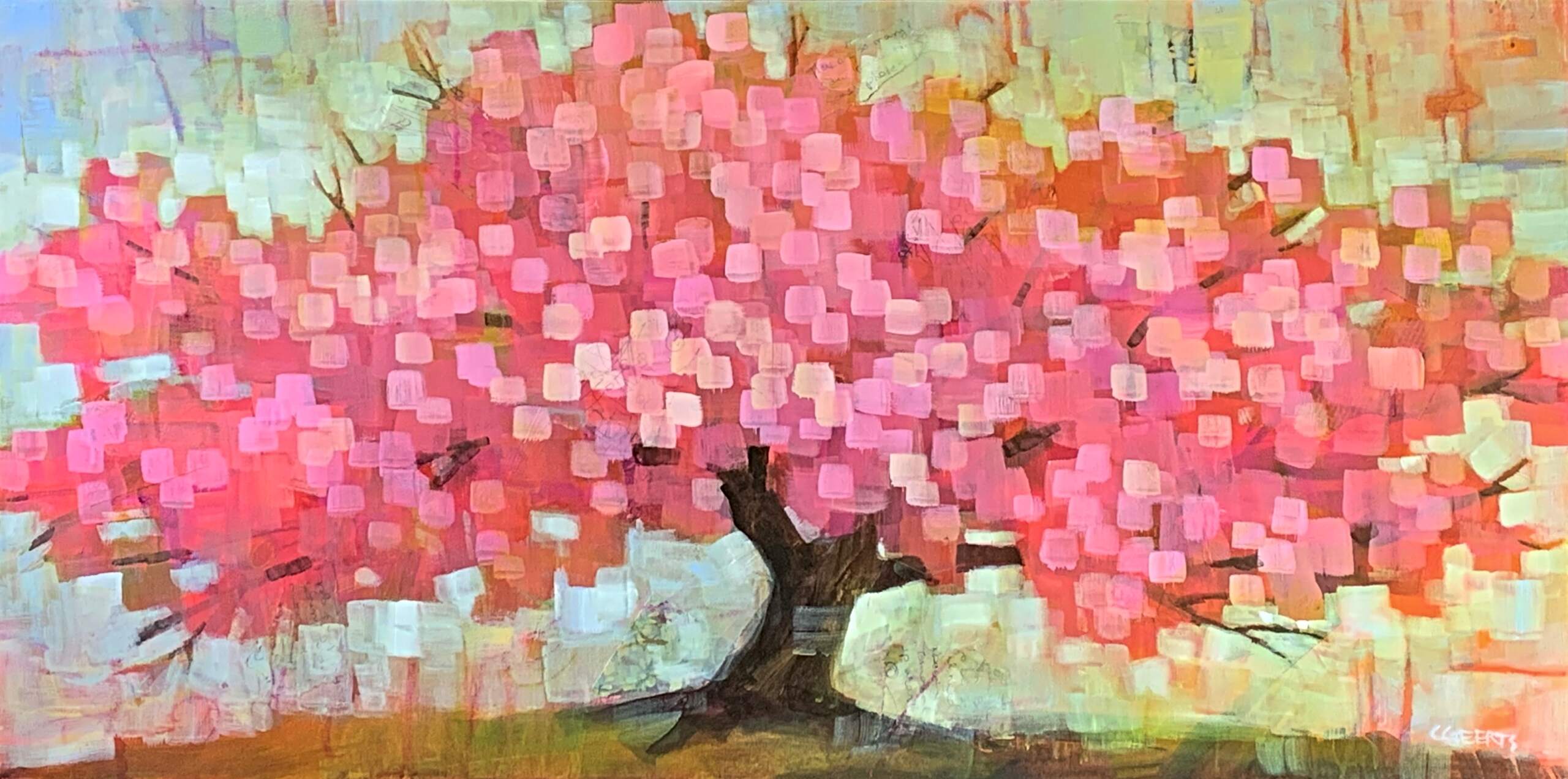 Spring Blossom, original acrylic pink tree painting by Connie Geerts at Effusion Art Gallery in Invermere, BC.