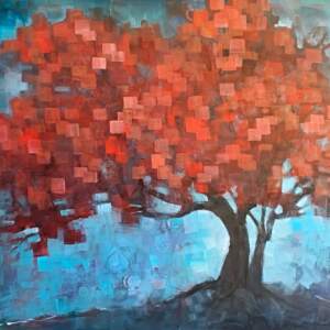 Stay Bright, original acrylic red tree painting by Connie Geerts at Effusion Art Gallery in Invermere, BC.