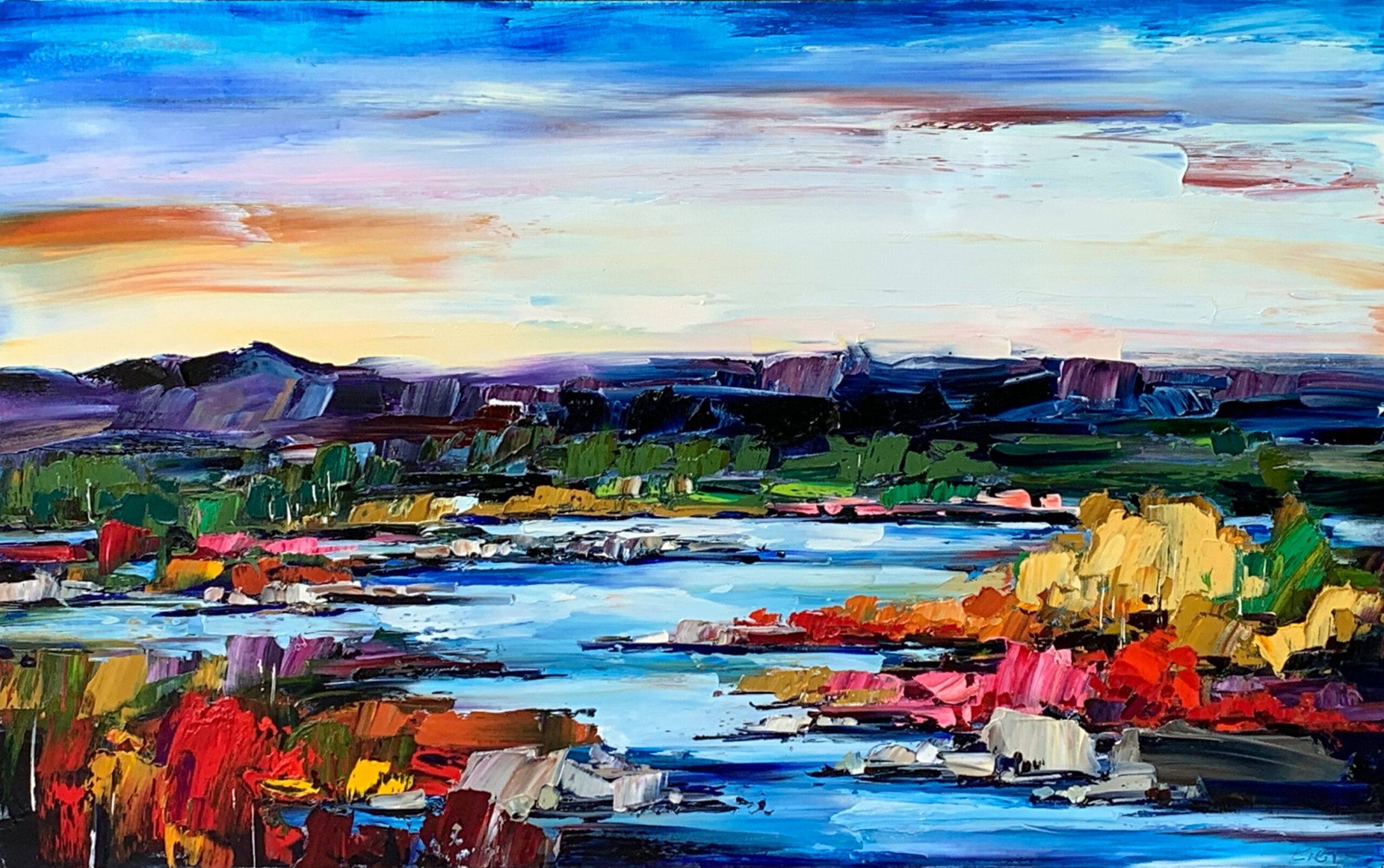 Here for You, original oil sunset landscape painting by Canadian artist Kimberly Kiel at Effusion Art Gallery in Invermere, BC.