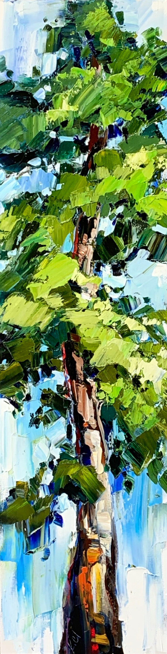 How Now, original evergreen tree painting by Canadian artist Kimberly Kiel at Effusion Art Gallery in Invermere, BC.