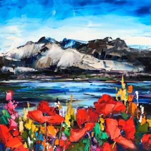 Original oil mountain lake landscape painting with red flowers in the foreground by Kimberly Kiel.
