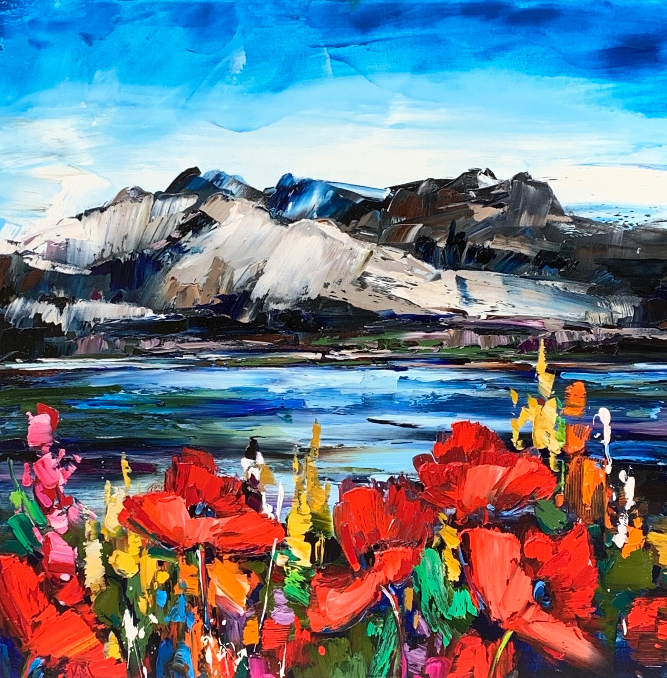 To be More, original oil mountain lake landscape + flower painting by Canadian artist Kimberly Kiel at Effusion Art Gallery in Invermere, BC.