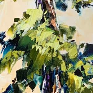 Original oil painting of an evergreen tree at sunset by Kimberly Kiel.