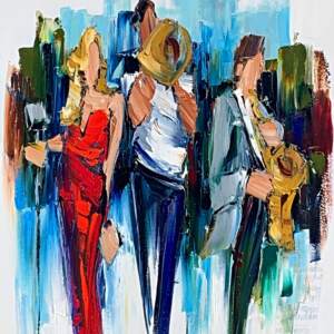 Original oil painting of a singer, trumpet player, and a saxophonist by Kimberly Kiel.