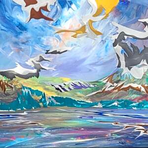 Kootenay Big Sky, original mixed media and stainless steel landscape painting by Joel Masewich | Effusion Art Gallery in Invermere, BC.