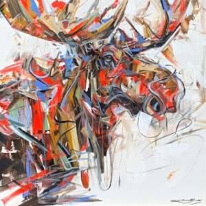 Here for It, acrylic moose painting by Canadian artist Laura Stevens at Effusion Art Gallery in Invermere, BC.
