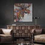 Here for It, acrylic moose painting by Canadian artist Laura Stevens at Effusion Art Gallery in Invermere, BC.