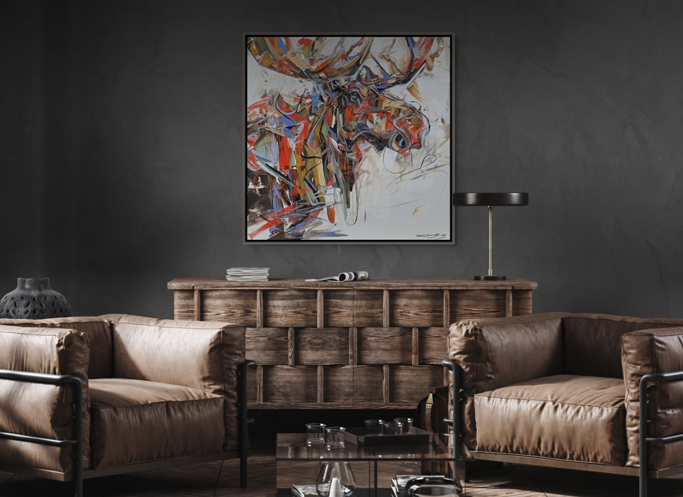 Here for It, acrylic moose painting by Canadian artist Laura Stevens at Effusion Art Gallery in Invermere, BC.