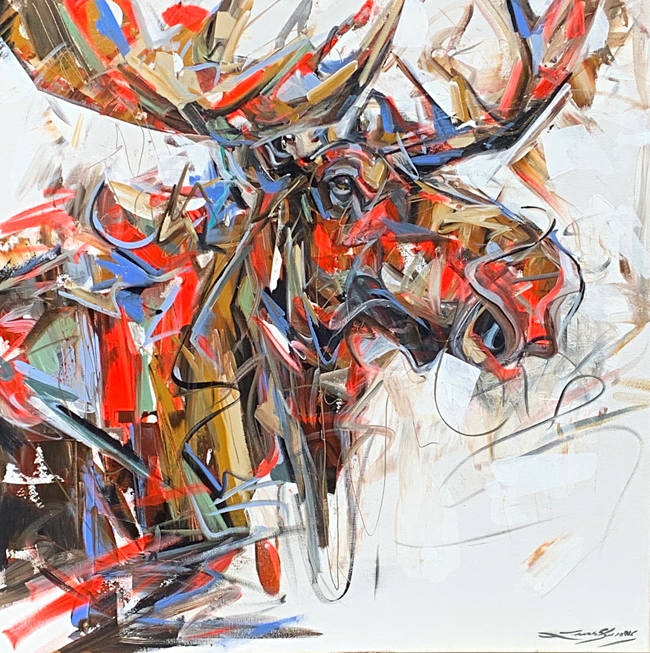 Here for It, acrylic moose painting by Canadian artist Laura Stevens at Effusion Art Gallery in Invermere, BC.