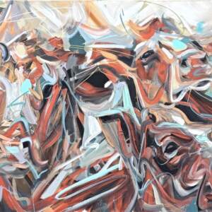 Slide Over, original acrylic painting of sassy cows by Canadian artist Laura Stevens at Effusion Art Gallery in Invermere, BC.