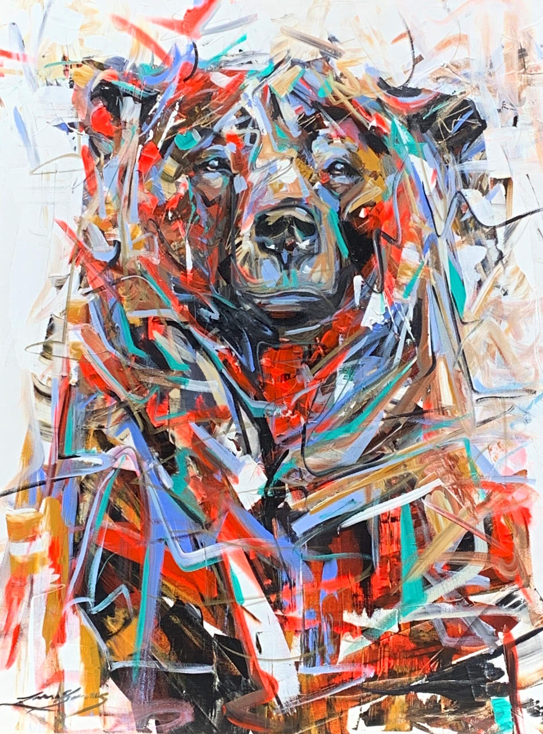 Sunshower, acrylic bear painting by Canadian artist Laura Stevens at Effusion Art Gallery in Invermere, BC.