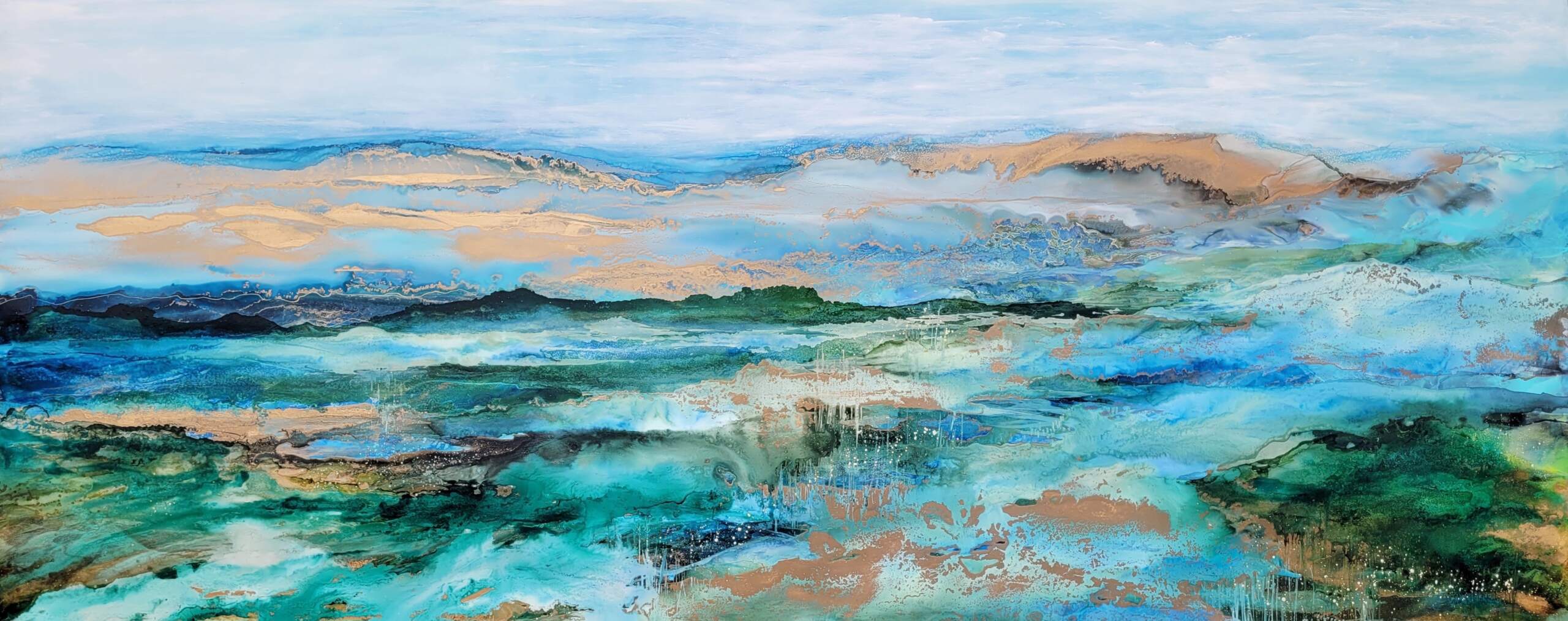 Dreambound, original alcohol ink abstract landscape painting by Paulina Tokarski at Effusion Art Gallery in Invermere, BC.