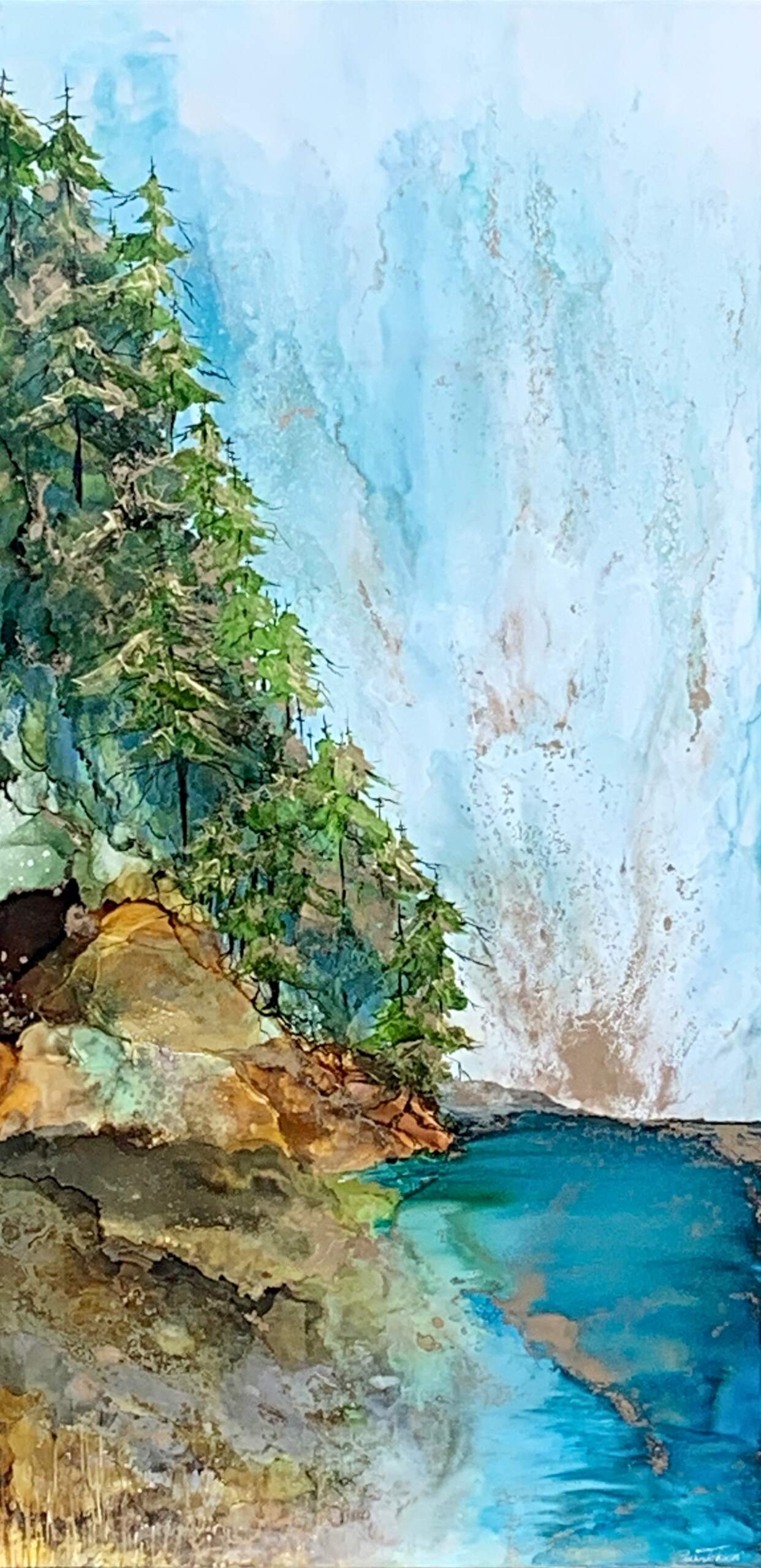 Quietude, original alcohol ink landscape painting by Paulina Tokarski at Effusion Art Gallery in Invermere, BC.