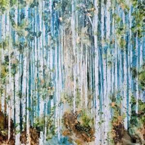 Original alcohol ink birch tree landscape painting in teal, green, cream, and metallic gold by Paulina Tokarski