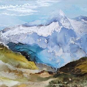 Original alcohol ink loose mountain landscape painting by Paulina Tokarski