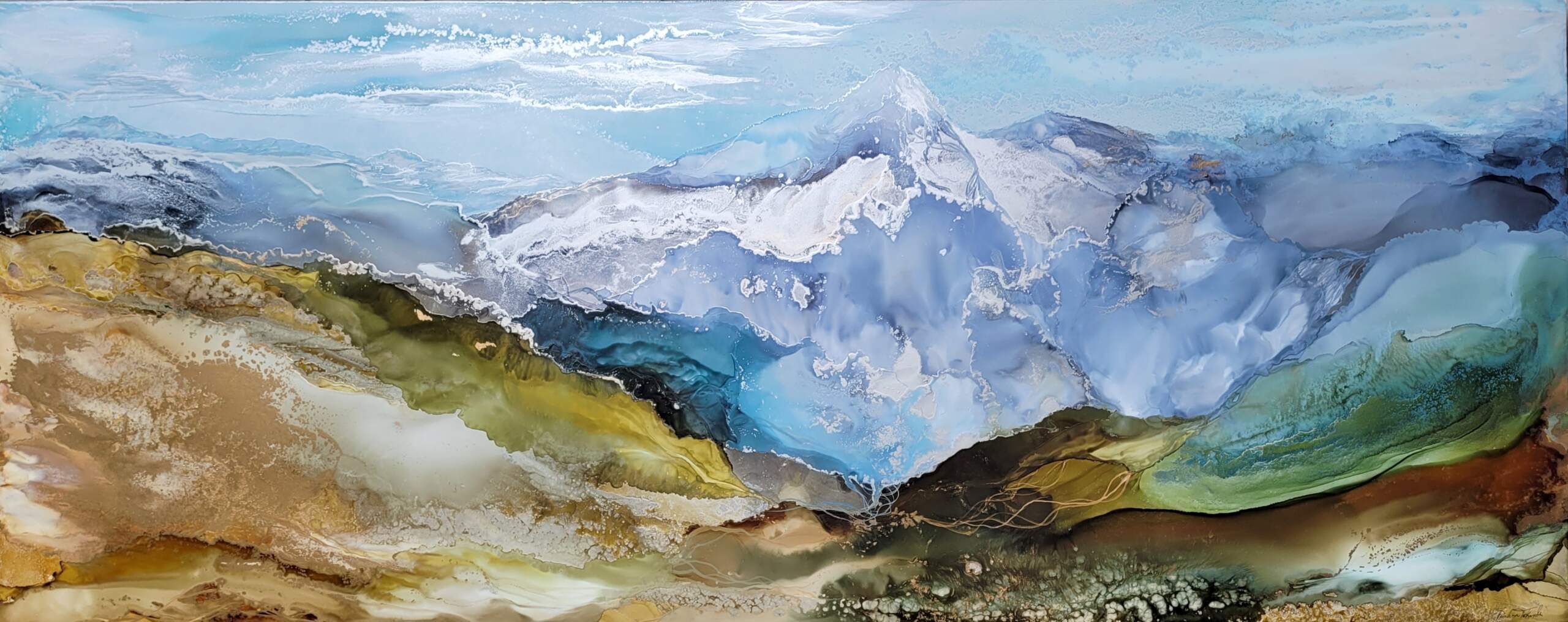 Wondrous, original alcohol ink abstract mountain landscape painting by Paulina Tokarski at Effusion Art Gallery in Invermere, BC.