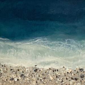 West Coast 167, original encaustic and pebble beach and deep blue water painting by Canadian artist Brenda Walker at Effusion Art Gallery in Invermere, BC.