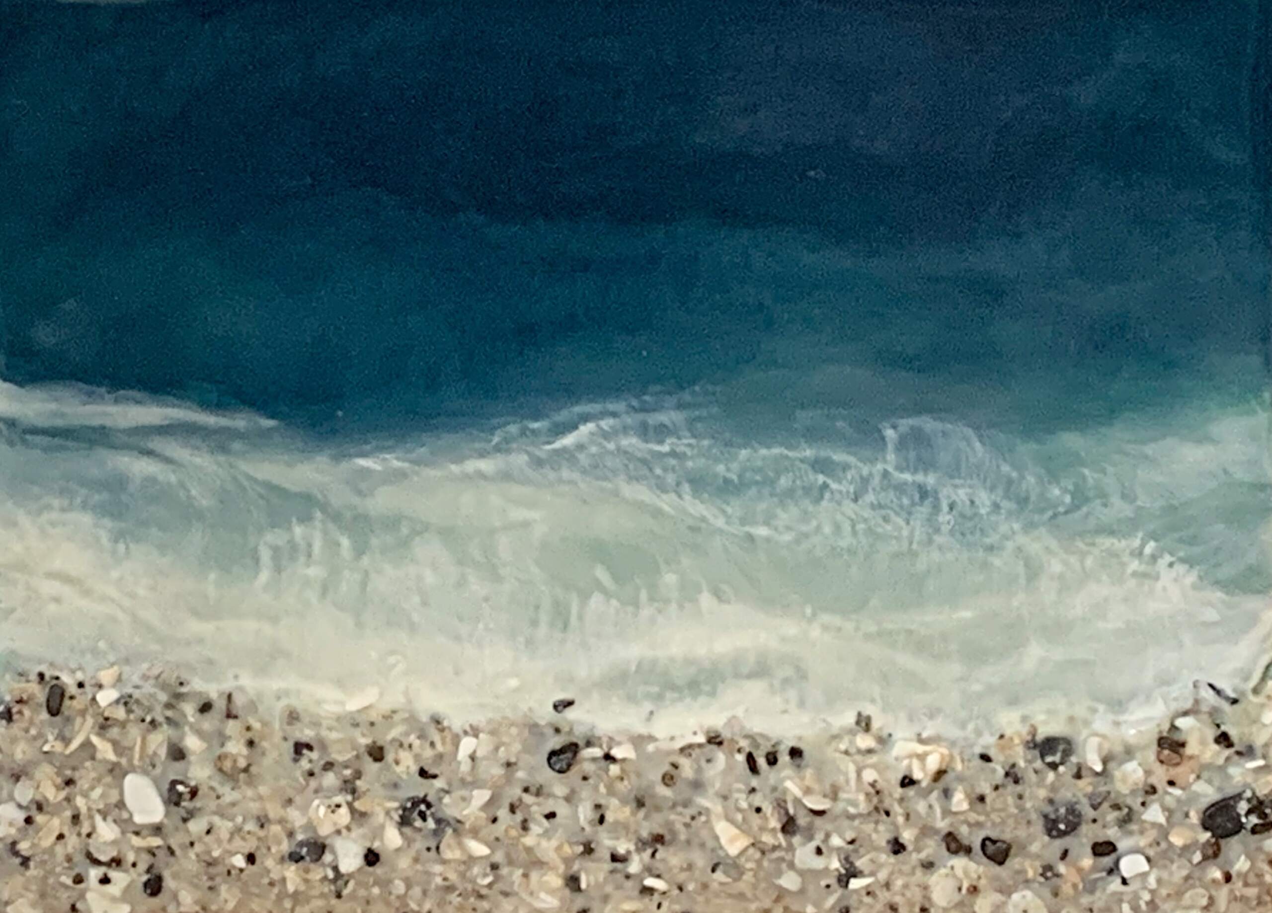 West Coast 167, original encaustic and pebble beach and deep blue water painting by Canadian artist Brenda Walker at Effusion Art Gallery in Invermere, BC.
