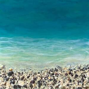 West Coast 316, original encaustic and pebble beach and turquoise water painting by Canadian artist Brenda Walker at Effusion Art Gallery in Invermere, BC.