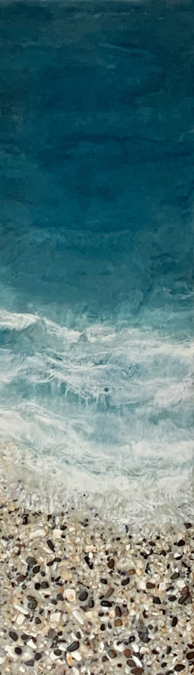 West Coast 340, original encaustic and pebble beach and deep blue water painting by Canadian artist Brenda Walker at Effusion Art Gallery in Invermere, BC.