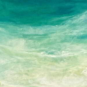 West Coast 363, original encaustic and pebble beach and turquoise water painting by Canadian artist Brenda Walker at Effusion Art Gallery in Invermere, BC.