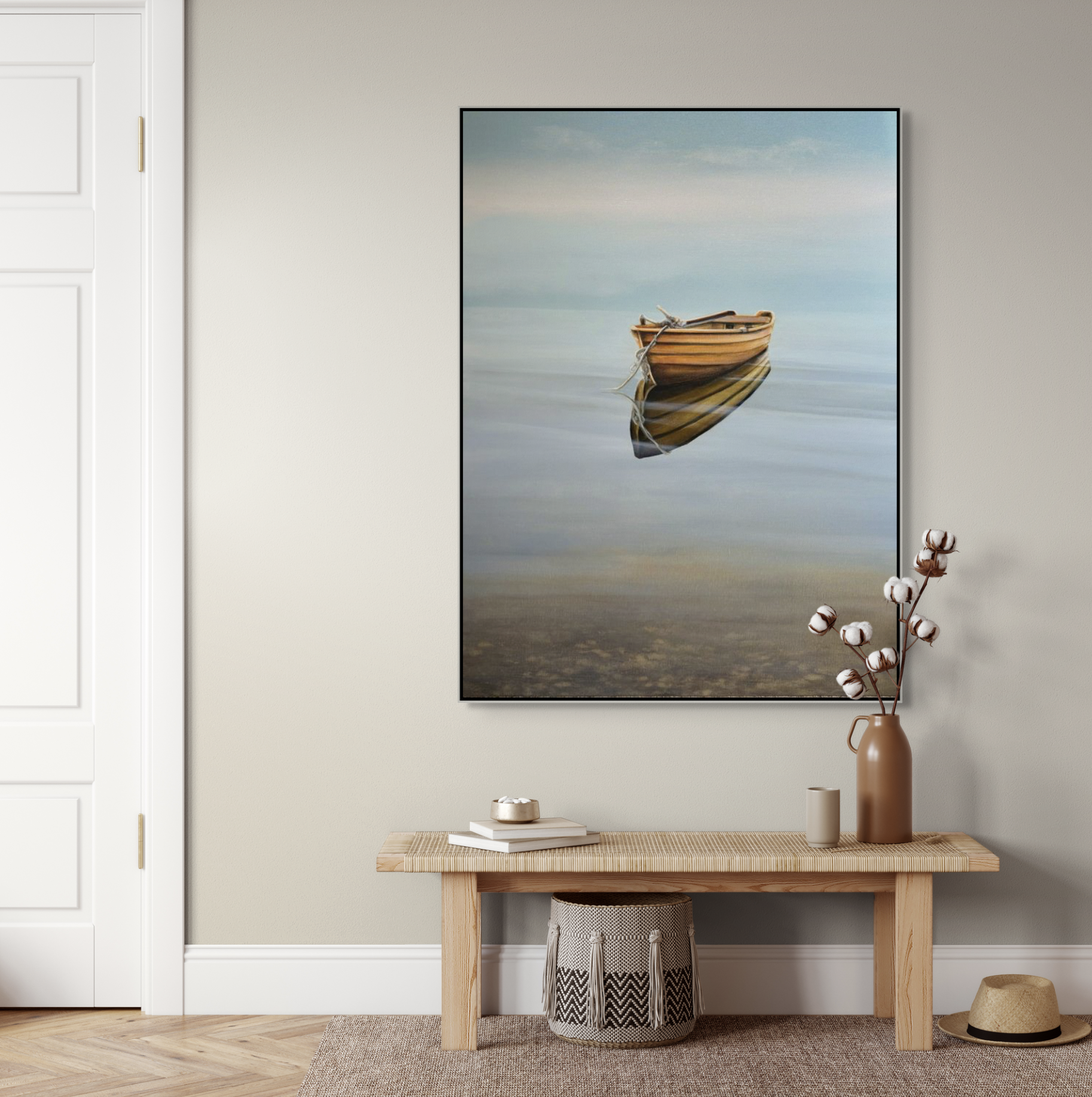 Waiting for, original acrylic boat painting by Jane Bronsch at Effusion Art Gallery in Invermere, BC