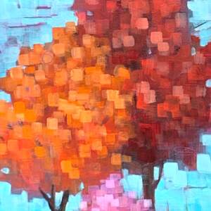 Family Dynamics, original acrylic pixelated tree painting by Canadian artist Connie Geerts at Effusion Art Gallery in Invermere, BC.
