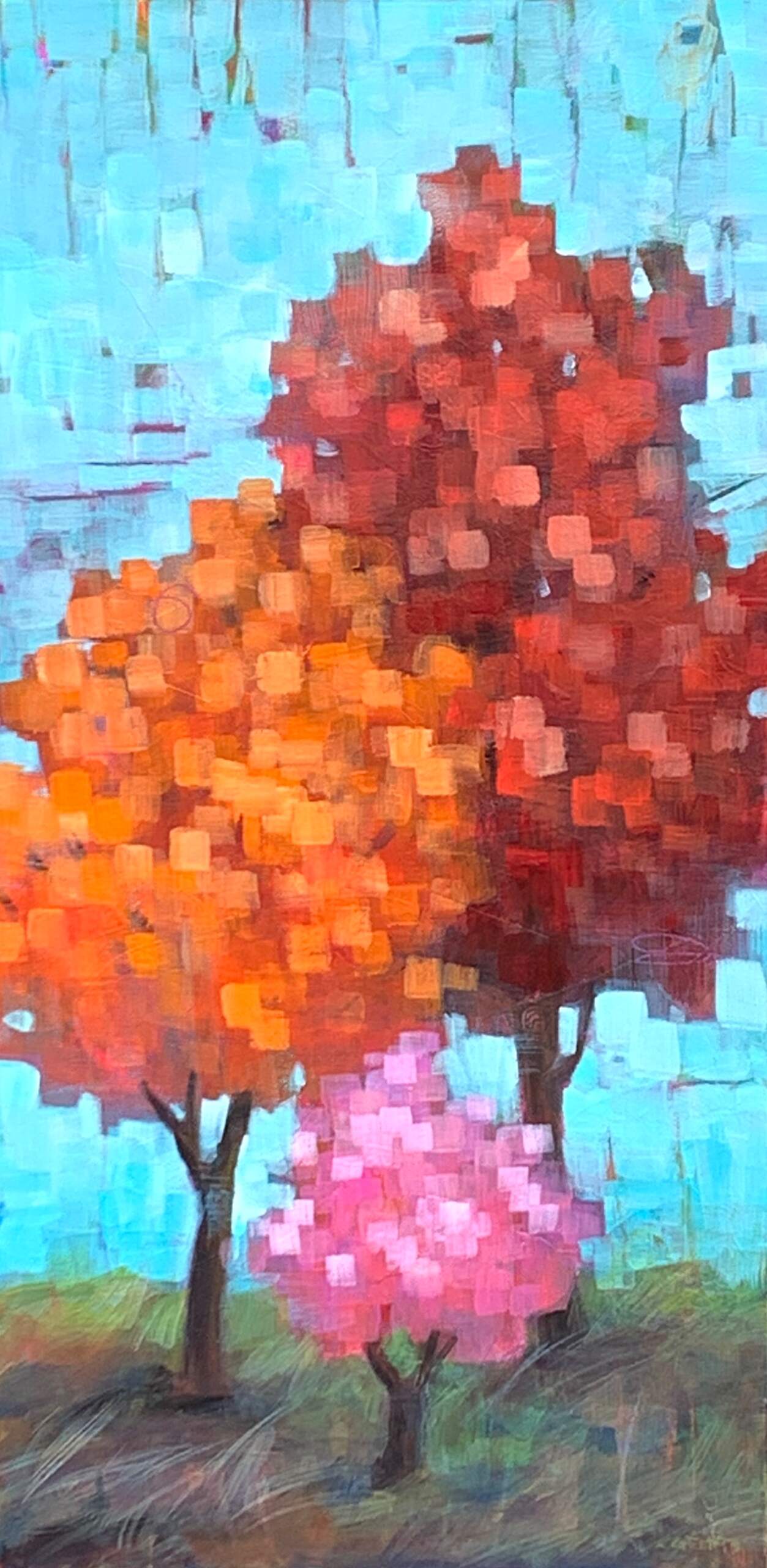 Family Dynamics, original acrylic pixelated tree painting by Canadian artist Connie Geerts at Effusion Art Gallery in Invermere, BC.