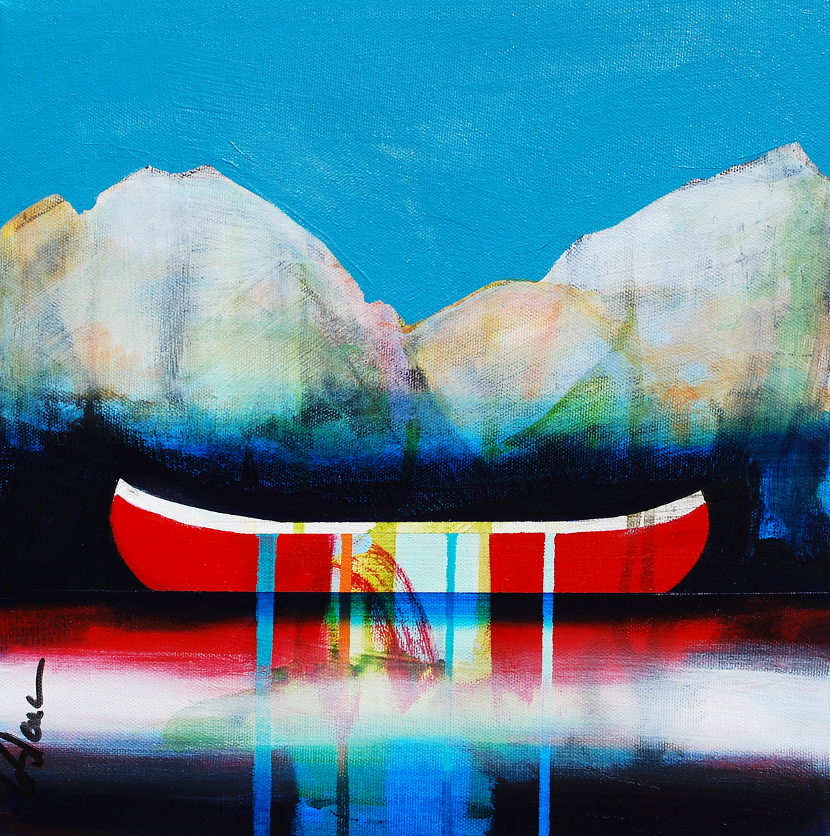 Paisible, original mixed media canoe painting by Canadian artist Sylvain Leblanc at Effusion Art Gallery in Invermere, BC