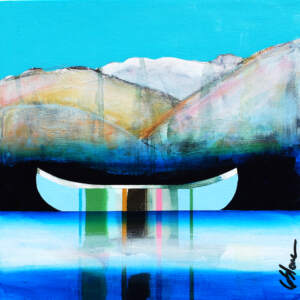 Prêt des rives, original mixed media canoe painting by Canadian artist Sylvain Leblanc at Effusion Art Gallery in Invermere, BC