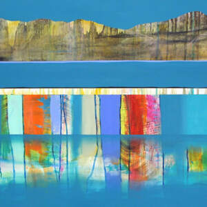 Une autre belle journée, original mixed media canoe + mountain painting by Canadian artist Sylvain Leblanc at Effusion Art Gallery in Invermere, BC