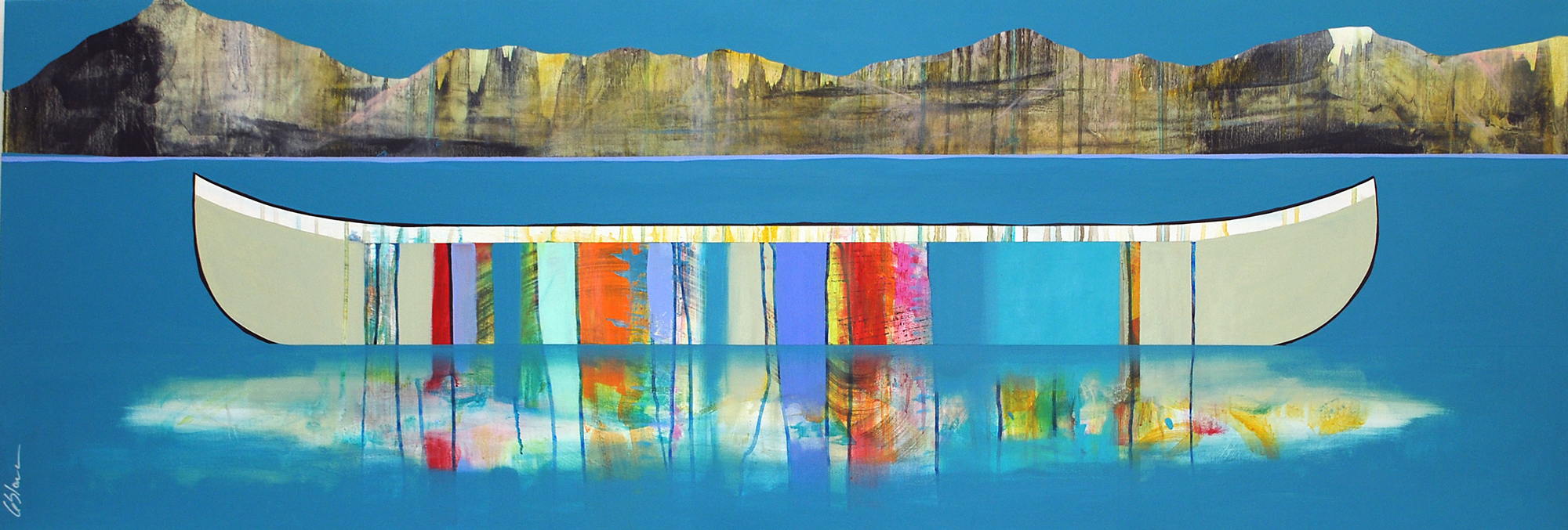 Une autre belle journée, original mixed media canoe + mountain painting by Canadian artist Sylvain Leblanc at Effusion Art Gallery in Invermere, BC