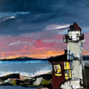 En Route, original acrylic lighthouse at sunset painting by Katie Lois at Effusion Art Gallery in Invermere, BC