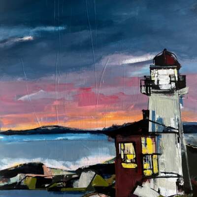 En Route, original acrylic lighthouse at sunset painting by Katie Lois at Effusion Art Gallery in Invermere, BC