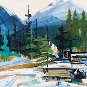 Gathering, original acrylic mountain landscape + cyclist painting by Katie Lois at Effusion Art Gallery in Invermere, BC