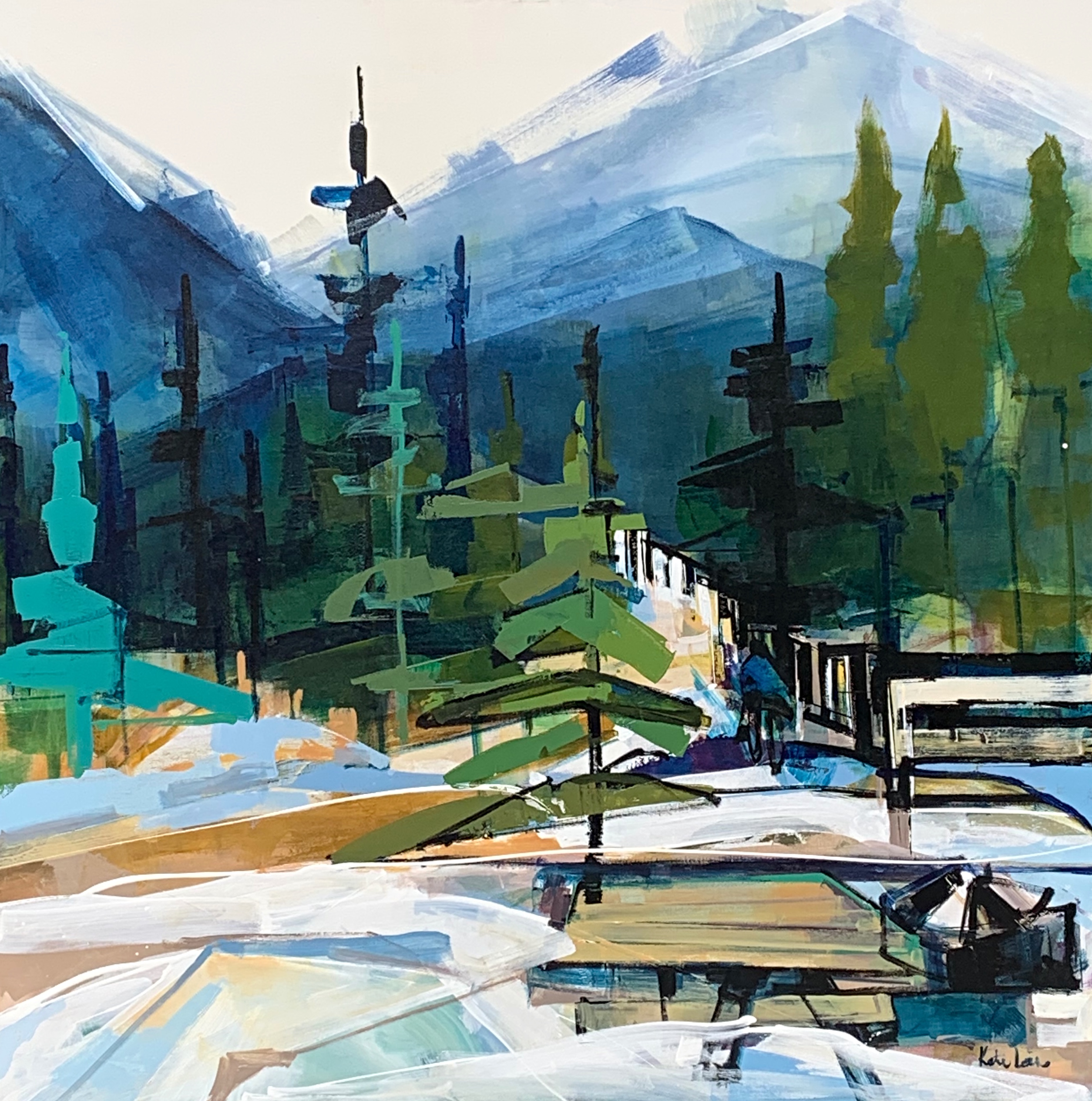 Gathering, original acrylic mountain landscape + cyclist painting by Katie Lois at Effusion Art Gallery in Invermere, BC