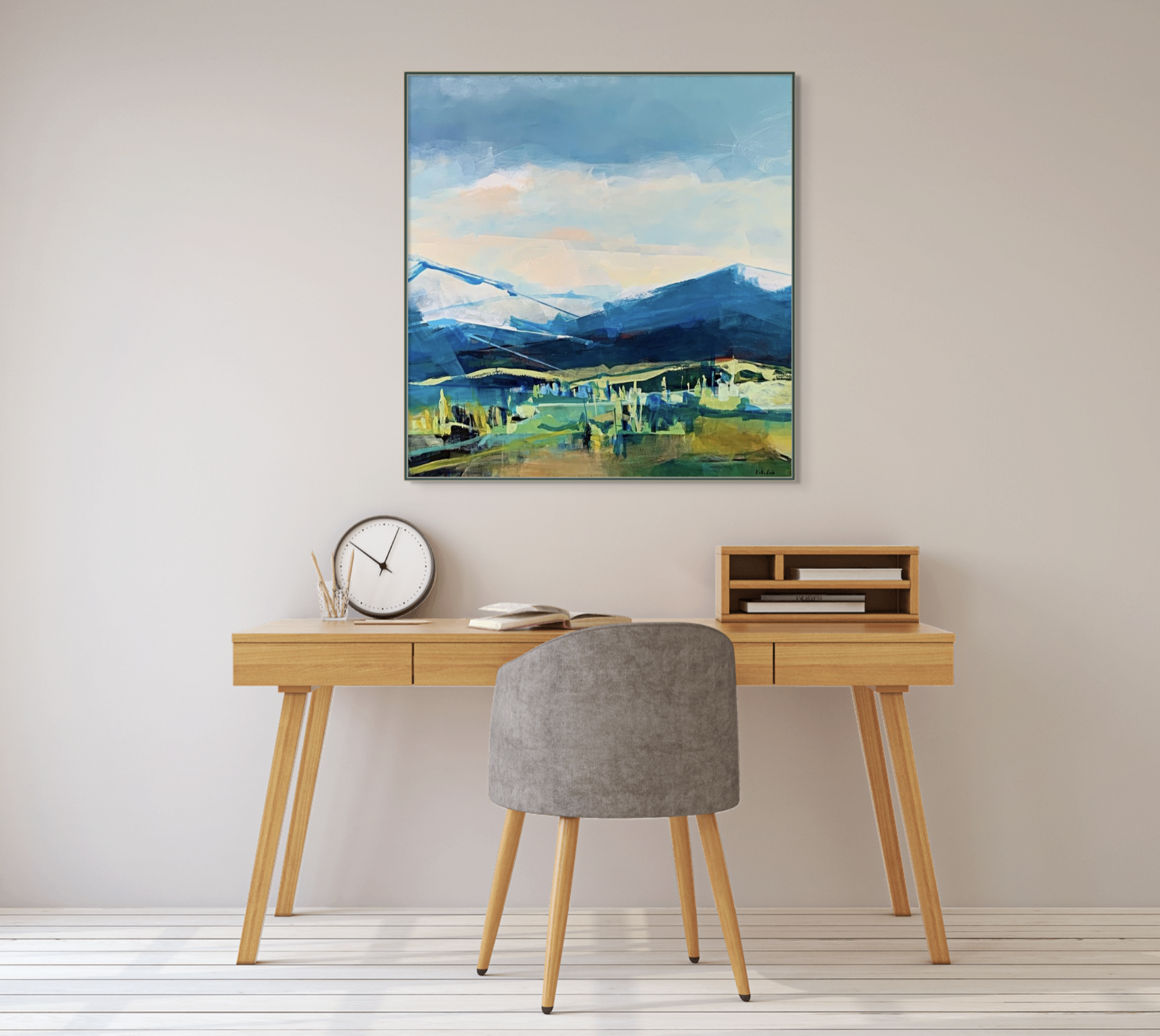 Green Gold, original acrylic mountain landscape painting by Katie Lois at Effusion Art Gallery in Invermere, BC.