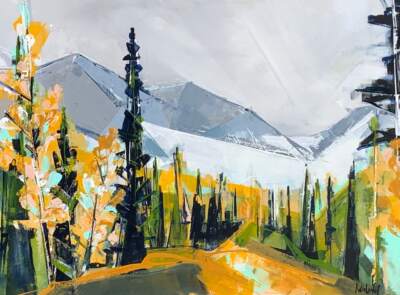 September Larches, original autumn landscape painting by Katie Lois at Effusion Art Gallery in Invermere, BC