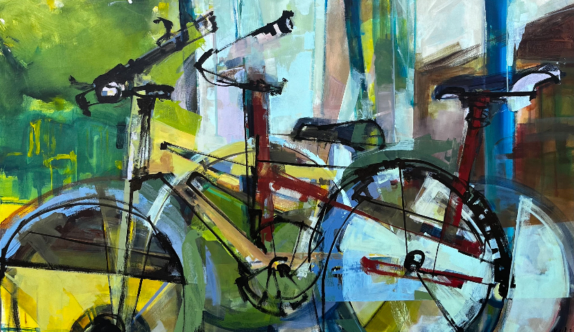 To Bike, original mountain bike painting by Katie Lois at Effusion Art Gallery in Invermere, BC