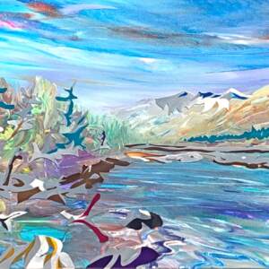 Summer Range, original mixed media acrylic and stainless steel painting of Vermillion Crossing by Canadian artist Joel Masewich at Effusion Art Gallery in Invermere, BC.